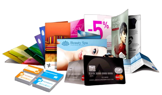 Printed materials including flyers, business cards with a 5% discount tag